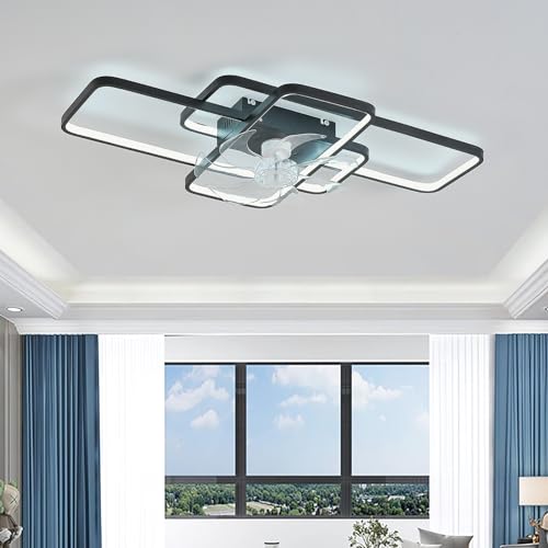 Rechteckige Deckenlampe Mit Ventilator Reversibel Leise Schlafzimmer Deckenleuchte Mit Ventilator Mit Fernbedienung Dimmbar Timer Wohnzimmer Deckenventilator Mit Beleuchtung Moderne LED-Black||85cm von Fachae