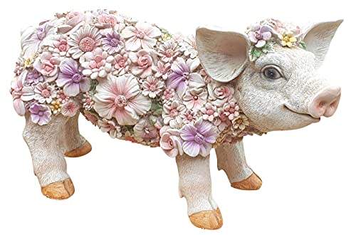 Fachhandel Plus Dekofigur Schweinchen stehend mit Blumen lustige Gartendeko Tierfigur Ferkel Indoor Outdoor von Fachhandel Plus