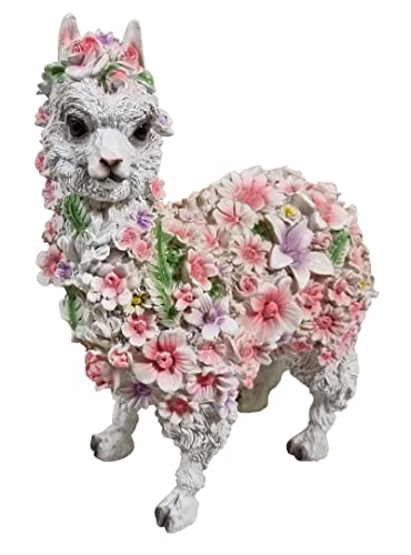 Fachhandel Plus Dekofigur Alpaka weiß mit Blumen lustige Gartendeko Tierfigur Indoor Outdoor von Fachhandel Plus