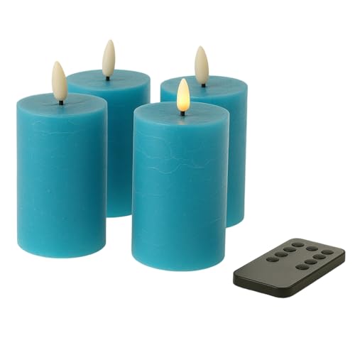 Fachhandel Plus LED Kerzen mit Timer – Stumpenkerzen aus Echtwachs mit 3D Flamme & Fernbedienung – LED Echtwachskerzen in verschiedenen Farben & Größen – Ø 6,5/7,5 cm (Blau, 10 x 6,5 cm) von Fachhandel Plus