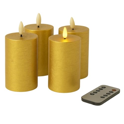 Fachhandel Plus LED Kerzen mit Timer – Stumpenkerzen aus Echtwachs mit 3D Flamme & Fernbedienung – LED Echtwachskerzen in verschiedenen Farben & Größen – Ø 6,5/7,5 cm (Gold, 10 x 6,5 cm) von Fachhandel Plus