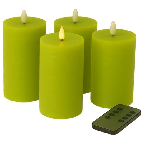 Fachhandel Plus LED Kerzen mit Timer – Stumpenkerzen aus Echtwachs mit 3D Flamme & Fernbedienung – LED Echtwachskerzen in verschiedenen Farben & Größen – Ø 6,5/7,5 cm (Grün, 10 x 6,5 cm) von Fachhandel Plus