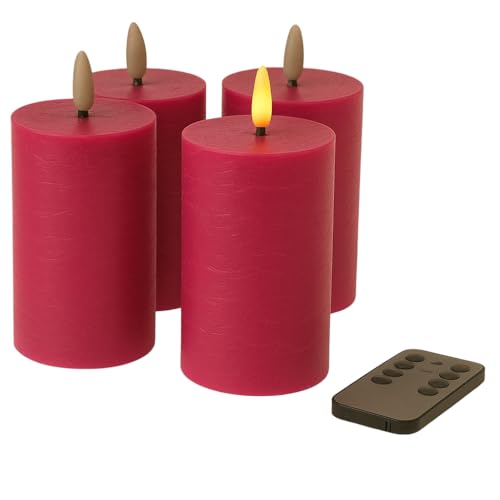 Fachhandel Plus LED Kerzen mit Timer – Stumpenkerzen aus Echtwachs mit 3D Flamme & Fernbedienung – LED Echtwachskerzen in verschiedenen Farben & Größen – Ø 6,5/7,5 cm (Pink, 10 x 6,5 cm) von Fachhandel Plus