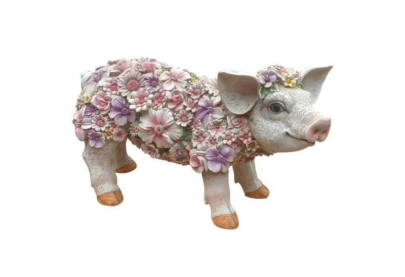 Fachhandel Plus Tierfigur Schweinchen stehend mit Blumen lustige Gartendeko Ferkel, besondere Gartenfigur mit Blumendekor von Fachhandel Plus