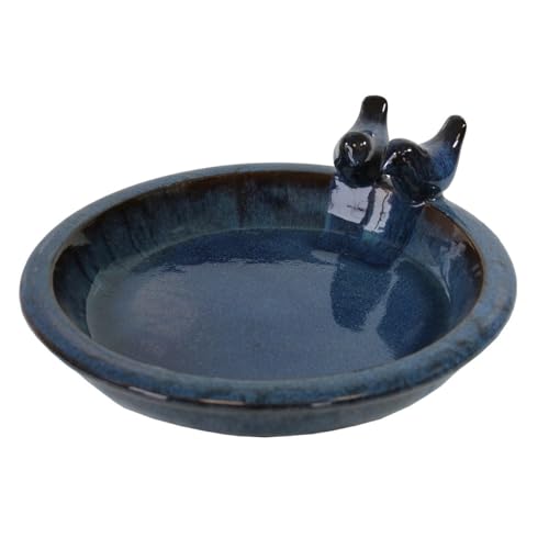 Fachhandel Plus | Vogeltränke Oasis aus glasierter Keramik, Ø 30 cm | mit Deko-Vögeln, Winterfest, Farbenfrohe Gartendeko & Wasserstelle für Vögel (Rustik-Blau) von Fachhandel Plus