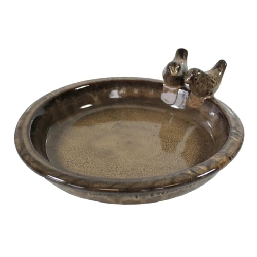 Fachhandel Plus | Vogeltränke Oasis aus glasierter Keramik, Ø 30 cm | mit Deko-Vögeln, Winterfest, Farbenfrohe Gartendeko & Wasserstelle für Vögel (Rustik-Coffee) von Fachhandel Plus