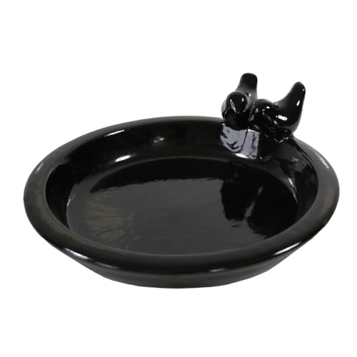 Fachhandel Plus | Vogeltränke Oasis aus glasierter Keramik, Ø 30 cm | mit Deko-Vögeln, Winterfest, Farbenfrohe Gartendeko & Wasserstelle für Vögel (Schwarz) von Fachhandel Plus