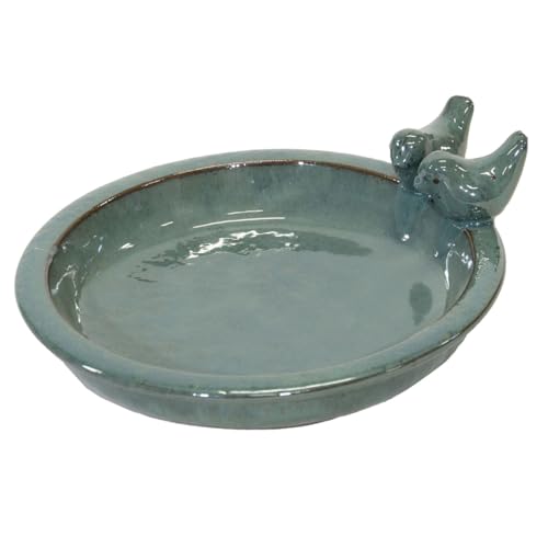 Fachhandel Plus | Vogeltränke Oasis aus glasierter Keramik, Ø 30 cm | mit Deko-Vögeln, Winterfest, Farbenfrohe Gartendeko & Wasserstelle für Vögel (Smaragdgrün) von Fachhandel Plus