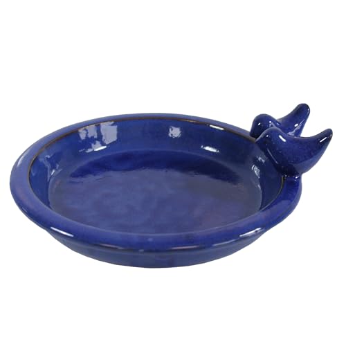 Fachhandel Plus | Vogeltränke Oasis aus glasierter Keramik, Ø 30 cm | mit Deko-Vögeln, Winterfest, Farbenfrohe Gartendeko & Wasserstelle für Vögel von Fachhandel Plus