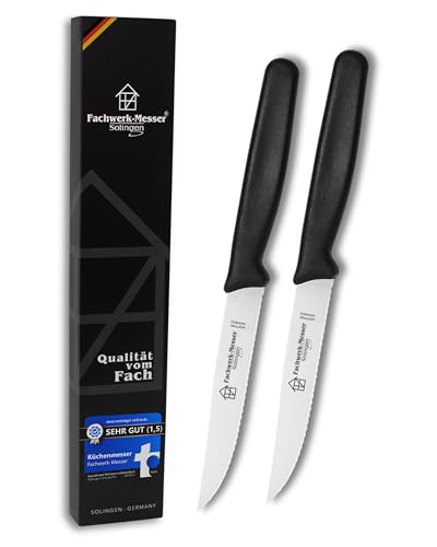 Steakmesser Set Solingen Steakbesteck Brotzeitmesser scharfer Wellenschliff Frühstücksmesser Made in Germany - Testsieger - Spülmaschinenfest - Klinge aus rostfreiem Edelstahl (2er-Set Steakmesser) von Fachwerk-Messer
