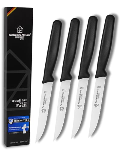 Steakmesser Set Solingen Steakbesteck Brotzeitmesser scharfer Wellenschliff Frühstücksmesser Made in Germany - Testsieger - Spülmaschinenfest - Klinge aus rostfreiem Edelstahl (4er-Set Steakmesser) von Fachwerk-Messer
