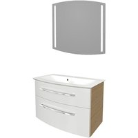 B.style Badmöbel Set – Waschbecken mit Unterschrank und LED-Spiegel – Waschbeckenunterschrank 80 cm hängend breit in Weiß mit Sandeiche Holz braun – von Fackelmann