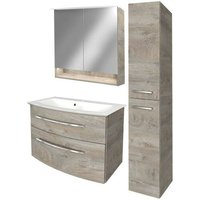 B.style Badmöbel Set mit Waschbecken mit Unterschrank 80 cm breit – Spiegelschrank Bad mit Beleuchtung und Hochschrank in Holz braun – von Fackelmann