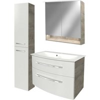 B.style Badmöbel Set mit Waschbecken mit Unterschrank 80 cm breit – Spiegelschrank Bad mit Beleuchtung und Hochschrank in Weiß mit Holz braun – von Fackelmann