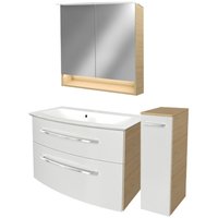 B.style Badmöbel Set mit Waschbecken mit Unterschrank 80 cm breit – Spiegelschrank Bad mit Beleuchtung und Midischrank in Weiß mit Holz braun – von Fackelmann