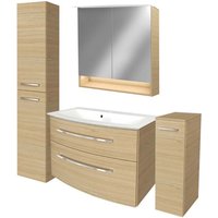 Fackelmann B.STYLE Badmöbel Set mit Waschbecken mit Unterschrank 80 cm breit – LED-Spiegelschrank – Midischrank und Hochschrank in Holz braun – von Fackelmann