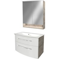 B.style Badmöbel Set – Waschbecken mit Unterschrank und LED-Spiegelschrank in Weiß mit Holz braun – Waschbeckenunterschrank 80 cm hängend breit – von Fackelmann
