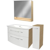 Fackelmann - b.style Badmöbel Set mit Waschbecken mit Unterschrank 80 cm breit – Spiegelschrank Bad mit Beleuchtung und Midischrank in Weiß mit Holz Fackelmann - b.style Badmöbel Set mit Waschbecken mit Unterschrank 80 cm breit – Spiegelschrank Bad mit Beleuchtung und Midischrank in Weiß mit Holz von Fackelmann
