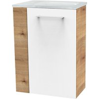 Milano sbc Gäste-WC Set 2 Teile – Waschtischunterschrank in Weiß mit Holz Braun mit Waschbecken aus Glas in Weiß – Waschbeckenunterschrank schmal – von Fackelmann