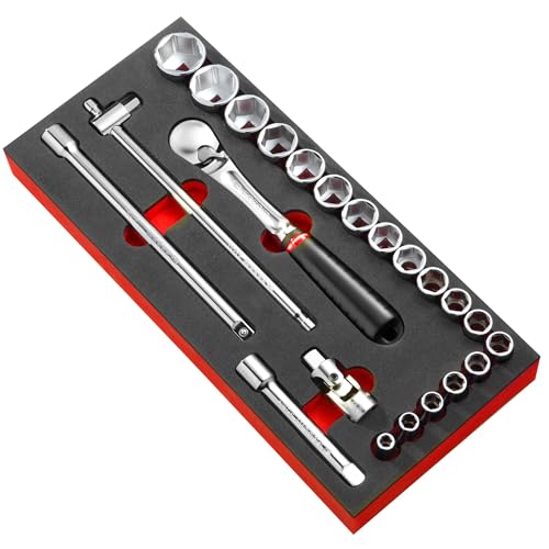 FACOM 23-tlg. ½“ Steckschlüssel-Set Modul MODM.SL1 (metrisch, staubdichter Hochleistungs-Umschaltknarre, S-Winkelverlängerungen, ½“ Gleitgriff, Universal-Kardangelenk, inkl. Schaumstoffeinlage) von Facom