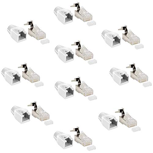 Faconet 10er Pack RJ45 Netzwerkstecker CAT 7A CAT 6A CAT7 bis 10 Gigabit Crimp Stecker Modular Steckverbinder Knickschutz Hülle Verlegekabel Netzwerk LAN Patchkabel cat7 cat8.1 AWG23 Einführhilfe von Faconet