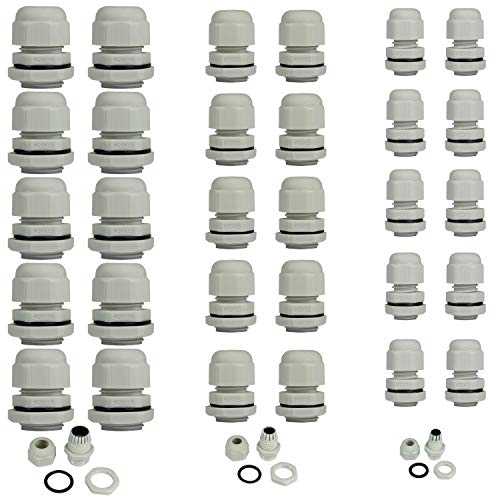 Faconet® Kabelverschraubung, Set mit je 10x M12, 10x M16 und 10x M20, Netzwerkkabel LAN sichern Schutz Zugentlastung 3x 10er Set, IP68, Cable Gland (Grau) von Faconet