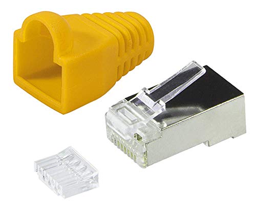 Faconet 20 Stück RJ45 Crimpstecker Netzwerkstecker CAT 5e CAT 6 STP geschirmt mit Einfädelhilfe und Hülle Knickschutz in Gelb, Stecker für Patchkabel LAN Kabel von Faconet