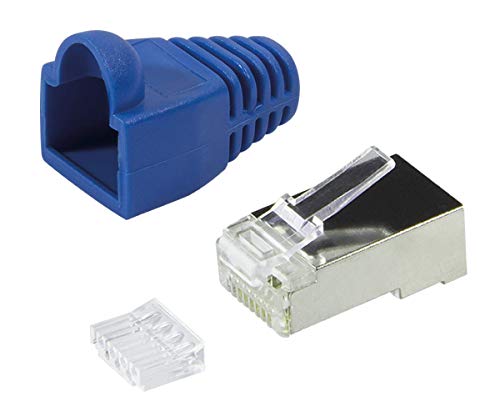 Faconet 20er Pack RJ45 Crimpstecker Netzwerkstecker CAT 5e CAT 6 STP geschirmt mit Einfädelhilfe und Hülle Knickschutz in Blau, Stecker für Patchkabel LAN Kabel von Faconet