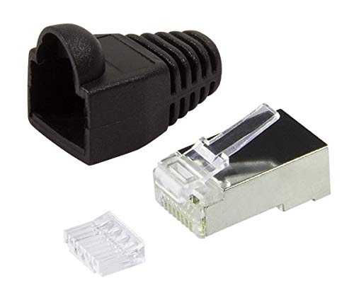 Faconet 20er Pack RJ45 Crimpstecker Netzwerkstecker CAT 5e CAT 6 STP geschirmt mit Einfädelhilfe und Hülle Knickschutz in Schwarz, Stecker für Patchkabel LAN Kabel von Faconet