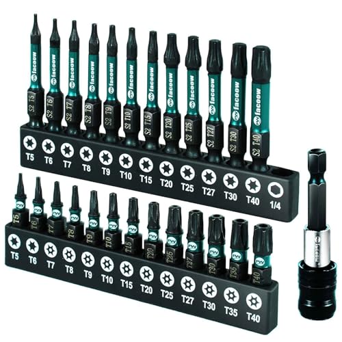 Facoow Torx-Bit-Set (T5-T40), 26-teiliges Sicherheits-Torx-Bit-Set mit magnetischen Spitzen, manipulationssichere Stern-Bit-Set, S2-Stahllegierung, 2,5 cm und 5,1 cm langes Schlagdrehmoment-Bit-Set von Facoow
