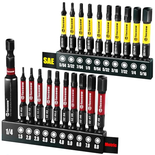 Facoow Sechskant-Bit-Satz, S2 legierter Stahl Sechskant mit magnetischen Spitzen, 1/4 Sechskant-Schaft 2,mit 2,3“ Sechskant-Verlängerung, Präzisions-CNC-Bearbeitung, 20+1 Pack(Metrisch&SAE) Facoow Sechskant-Bit-Satz, S2 legierter Stahl Sechskant mit magnetischen Spitzen, 1/4 Sechskant-Schaft 2,mit 2,3“ Sechskant-Verlängerung, Präzisions-CNC-Bearbeitung, 20+1 Pack(Metrisch&SAE) von Facoow
