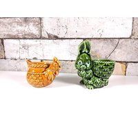 Osterhase Und Huhn - Vintage Eierbecher Tischdekoration Ei Ostern Frühstück Retro Keramik Tiere Gelb Grün von Factory23
