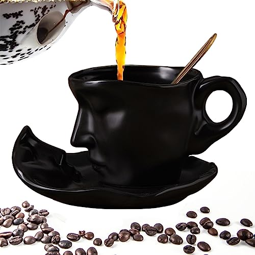 Facynde Künstlerisches Tassen-Set - 250 ml geprägtes hitzebeständiges Keramiktassen-Set mit Untertasse - Retro-Mattbecher für Tischdekoration, Prägebecher für Schlafsaal, Zuhause, Café von Facynde