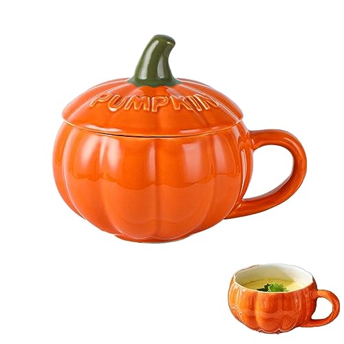 Facynde Kürbisförmige Keramik-Suppenschüssel, Porzellan, Keramik-Halloween-Kürbis-Tasse, Keramiktasse, Kaffeetasse mit Frühstückstasse-Deckel von Facynde