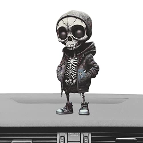 Facynde Skelettstatue,Totenkopf-Auto-Armaturenbrett-Dekorationen - Stehende Haltung Mini-Schädel mit Jacke für Halloween-Punk-Dekoration Horror-Requisiten von Facynde