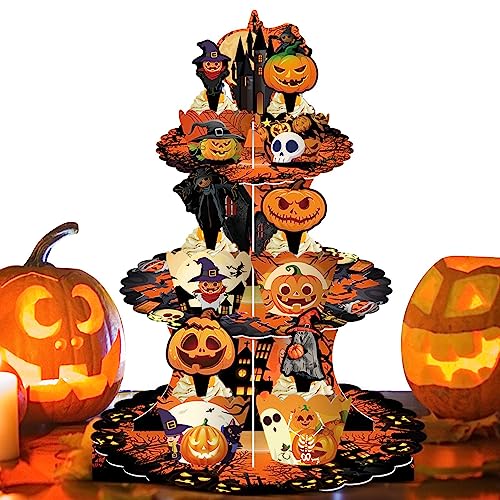 Halloween Cupcake-Ständer - Halloween Supplies 3-stöckiger Cupcake-Ständer aus Pappe, Tortenständer, Tur - Orangefarbener Dessertständer, Halloween-Cupcake-Serviertablett Facynde von Facynde