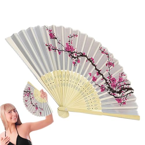 Handfächer mit Blumenmuster, faltbarer Handfächer,8,26 Zoll handgefertigter Kühlventilator | Bedruckter chinesischer Fächer aus Stoff, klassischer Pflaumenblütenfächer für Bühnenauftritte von Facynde