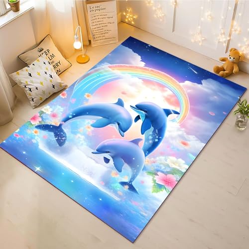 Fadaing Delfin Teppich Wohnzimmer 160x230cm Schlafzimmer Kinderteppich Kinderzimmer, Ozean Fisch Delfin Teppich Kinder Spielteppich Wohnzimmerteppich Fur Schlafzimmer Dekoration(5,50x80cm) von Fadaing