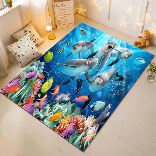 Fadaing Delphin Teppich Wohnzimmer 160x230cm Schlafzimmer Ozean Tropisch Fische Kinderteppich Kinderzimmer, Cartoon Delphin Teppich Kinder Spielteppich Wohnzimmerteppich(2,160x230cm) von Fadaing