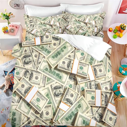 Fadaing Dollar Bettwäsche 135x200 Bargeld Geldscheine Bettbezug Für Kinder 100 Dollar Rechnungen Weiche Mikrofaser Bettwäsche Set Mit Reißverschluss Und 2 Kissenbezügen (3,King 220 X 240 cm) von Fadaing