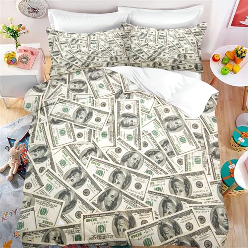 Fadaing Dollar Bettwäsche 135x200 Bargeld Geldscheine Bettbezug Für Kinder 100 Dollar Rechnungen Weiche Mikrofaser Bettwäsche Set Mit Reißverschluss Und 2 Kissenbezügen (3,Single 135 X 200 cm) von Fadaing