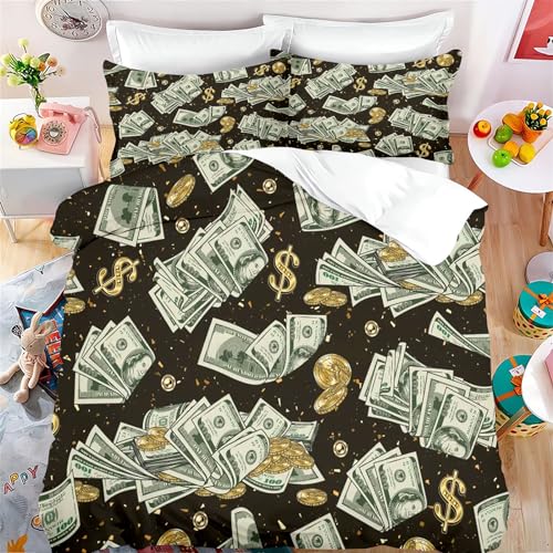 Fadaing Dollar Bettwäsche 135x200 Bargeld Geldscheine Bettbezug Für Kinder 100 Dollar Rechnungen Weiche Mikrofaser Bettwäsche Set Mit Reißverschluss Und 2 Kissenbezügen (5,Single 135 X 200 cm) von Fadaing