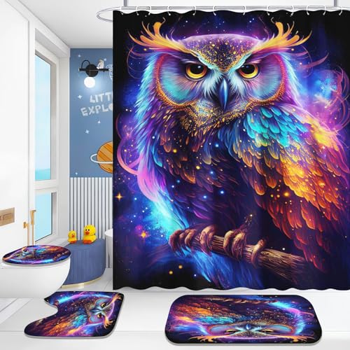 Fadaing Eule Duschvorhang-Sets Aquarell Eule Duschvorhang 180x200 Cartoon Eule Textil Duschvorhänge Polyester Badezimmerteppich 4-teiliges Set Mit 12 Ringen (1,180×200cm) von Fadaing