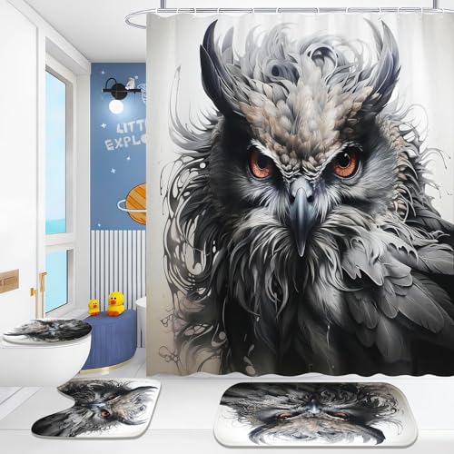 Fadaing Eule Duschvorhang-Sets Aquarell Eule Duschvorhang 180x200 Cartoon Eule Textil Duschvorhänge Polyester Badezimmerteppich 4-teiliges Set Mit 12 Ringen (2,180×200cm) von Fadaing