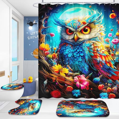 Fadaing Eule Duschvorhang-Sets Aquarell Eule Duschvorhang 180x200 Cartoon Eule Textil Duschvorhänge Polyester Badezimmerteppich 4-teiliges Set Mit 12 Ringen (3,180×180cm) von Fadaing