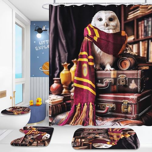 Fadaing Eule Duschvorhang-Sets Aquarell Eule Duschvorhang 180x200 Cartoon Eule Textil Duschvorhänge Polyester Badezimmerteppich 4-teiliges Set Mit 12 Ringen (4,180×180cm) von Fadaing