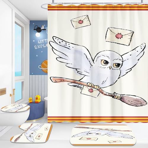 Fadaing Eule Duschvorhang-Sets Aquarell Eule Duschvorhang 180x200 Cartoon Eule Textil Duschvorhänge Polyester Badezimmerteppich 4-teiliges Set Mit 12 Ringen (5,180×200cm) von Fadaing