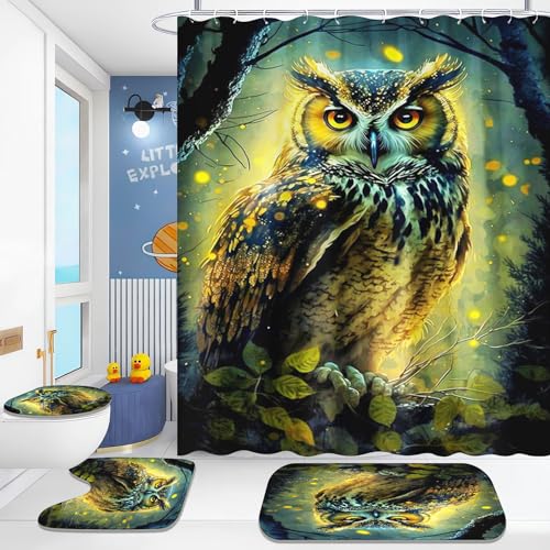 Fadaing Eule Duschvorhang-Sets Aquarell Eule Duschvorhang 180x200 Cartoon Eule Textil Duschvorhänge Polyester Badezimmerteppich 4-teiliges Set Mit 12 Ringen (6,200×200cm) von Fadaing