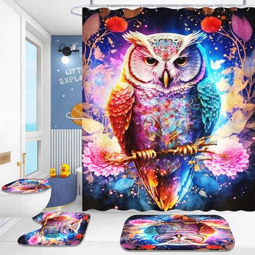 Fadaing Eule Duschvorhang-Sets Aquarell Eule Duschvorhang 180x200 Cartoon Eule Textil Duschvorhänge Polyester Badezimmerteppich 4-teiliges Set Mit 12 Ringen (7,200×200cm) von Fadaing