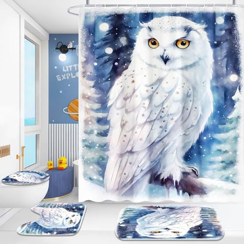 Fadaing Eule Duschvorhang-Sets Aquarell Eule Duschvorhang 180x200 Cartoon Eule Textil Duschvorhänge Polyester Badezimmerteppich 4-teiliges Set Mit 12 Ringen (8,120×200cm) von Fadaing